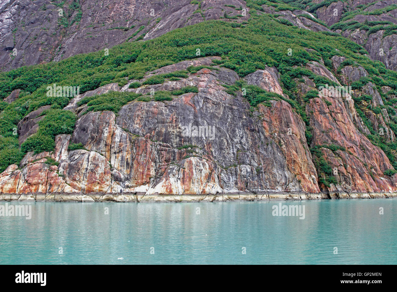 Colorful rock cliff by Dawes Glacier Endicott Arm Inside Passage Southeast Alaska USA Stock Photo