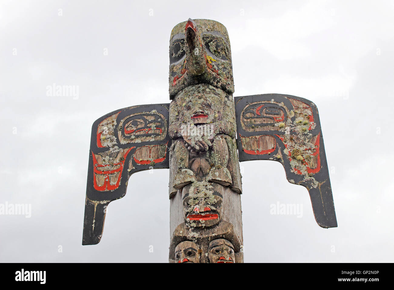 Totem pole detail Metlakatla Indian Tribe Annette Island Inside Passage Southeast Alaska USA Stock Photo