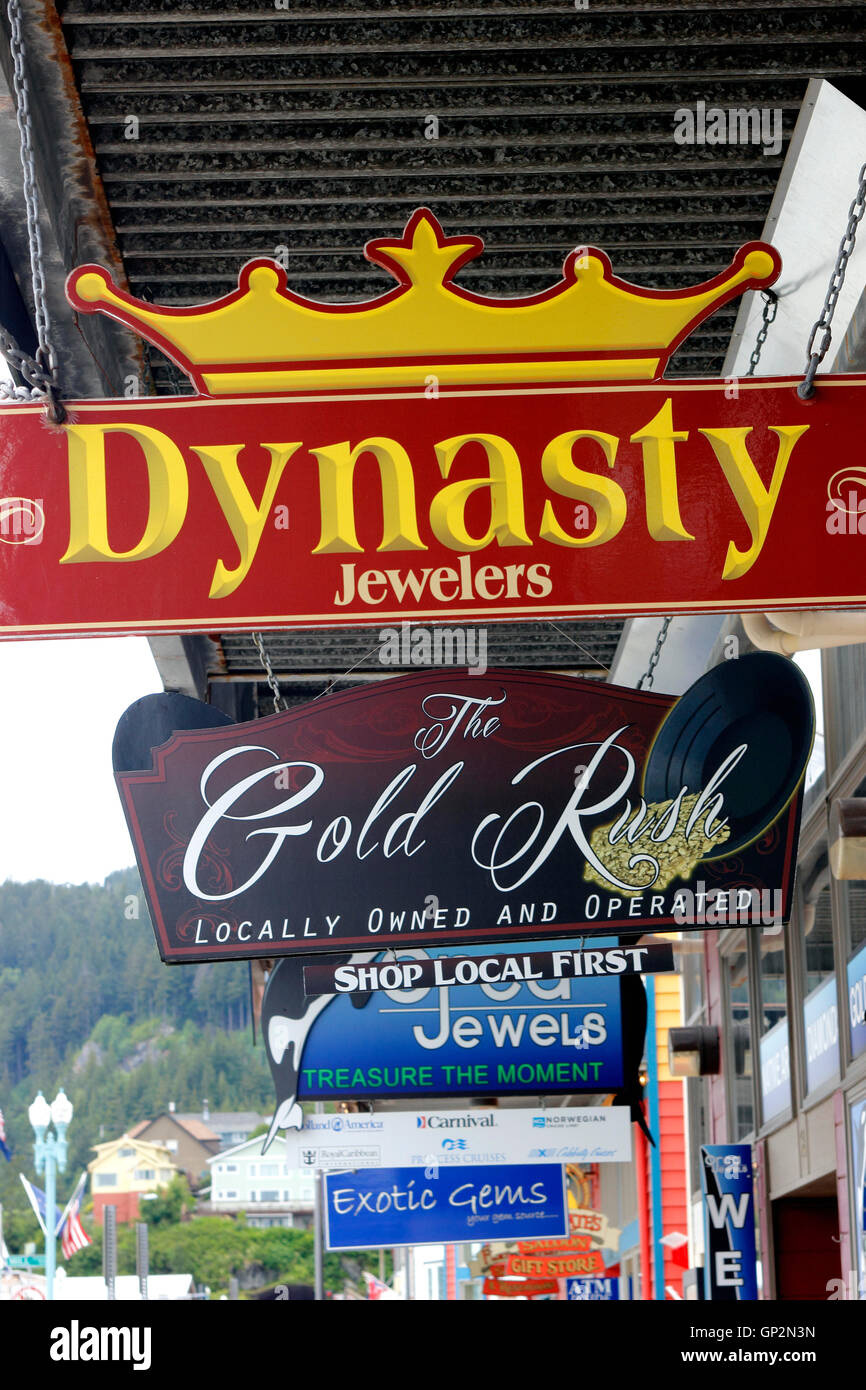Jewelry shops signs tourist attractions Ketchikan Tongass Narrows Inside Passage Southeast Alaska USA Stock Photo
