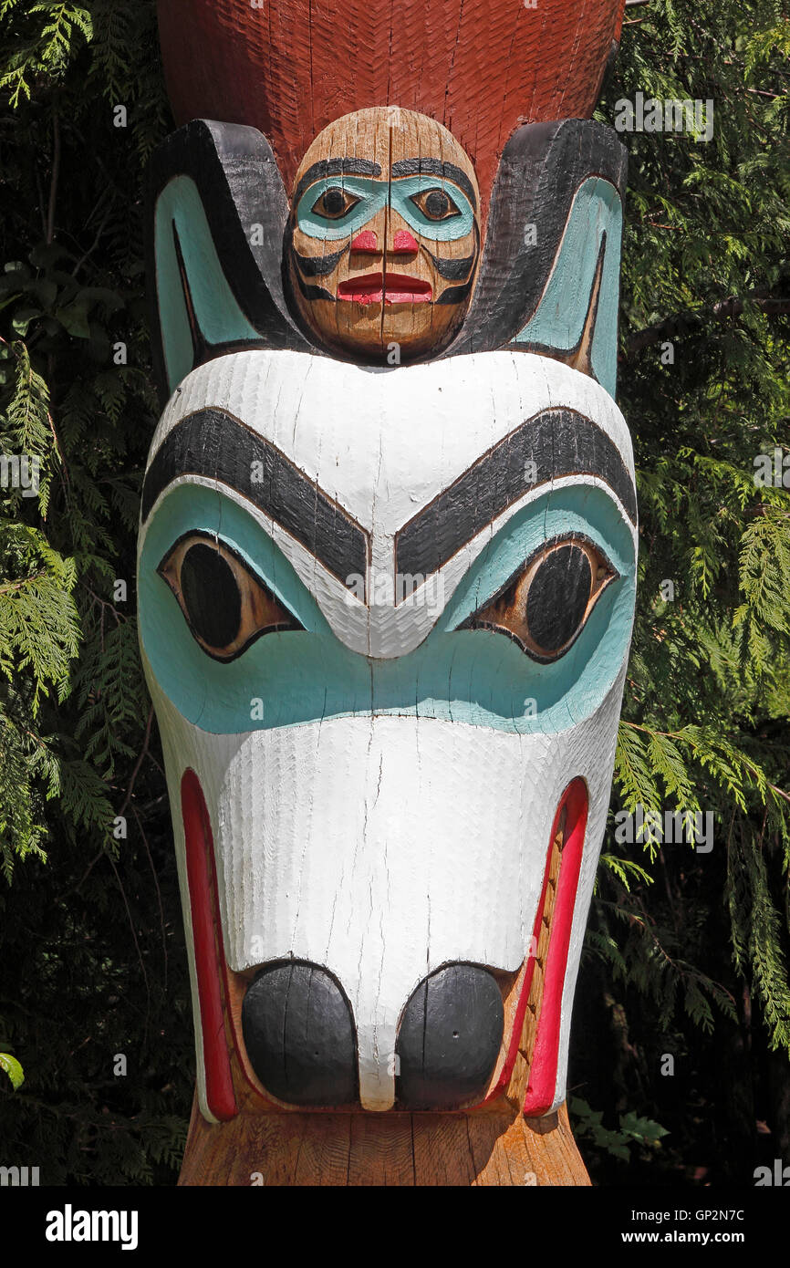 Carved cedar Tlingit totem pole detail Saxman Totem Park Ketchikan ...