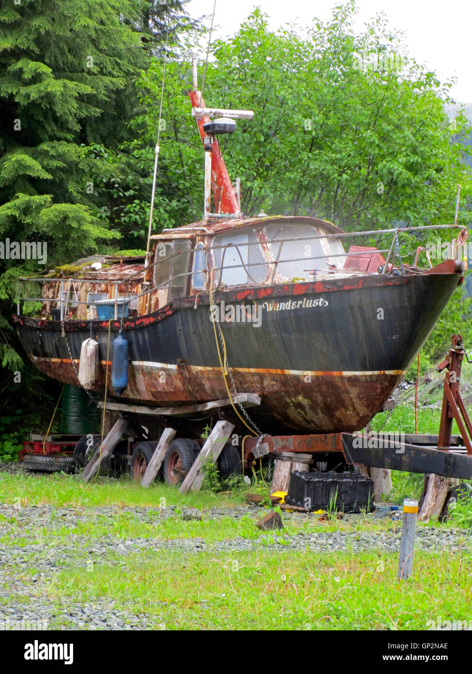 Derelict fishing boat Wonderlust in yard Thorne Bay Alaska Inside Passage Southeast Alaska USA Stock Photo