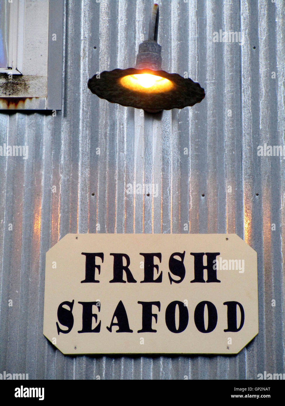 Fresh Seafood sign on restaurant Ketchikan Alaska Inside Passage Southeast Alaska USA Stock Photo