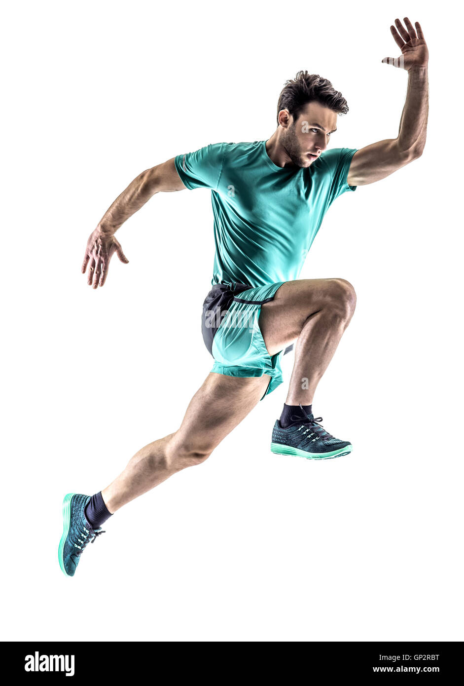 Runner Man one young man runner jogger running jogging in silhouette isolated on ...