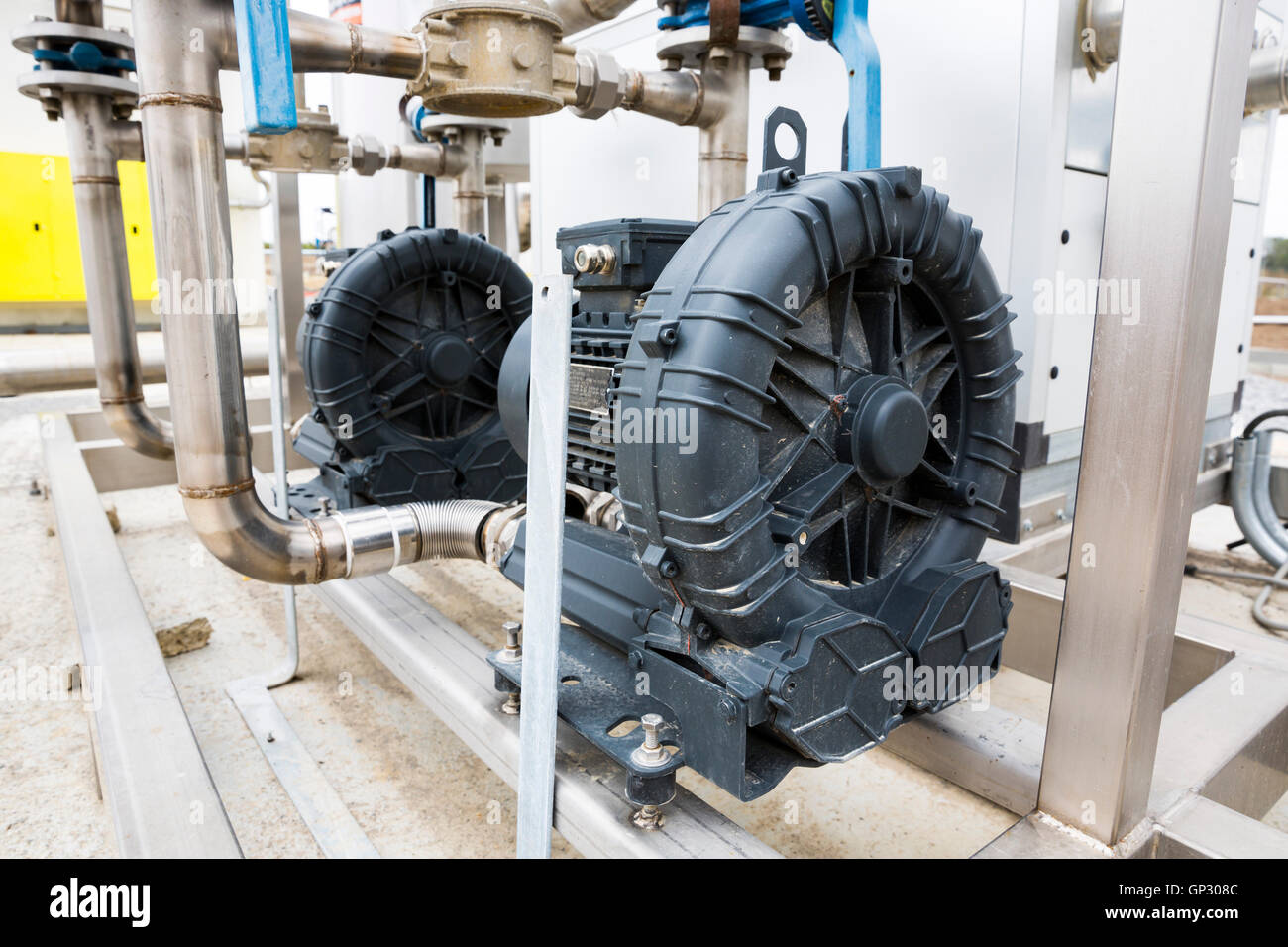 Electrical motor in wastewater treatment plant. Wastewater treatment is a process used to convert dirty wastewater into an efflu Stock Photo