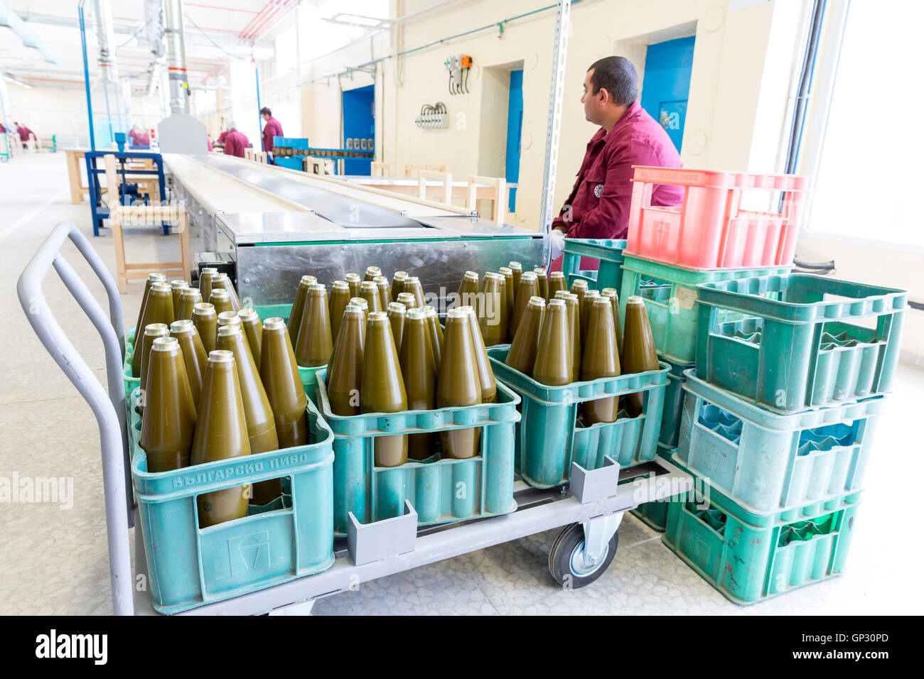 Sopot, Bulgaria - May 17, 2016: Arsenal worker is producing warheads in one of Bulgaria's arms factory. The facility produces an Stock Photo
