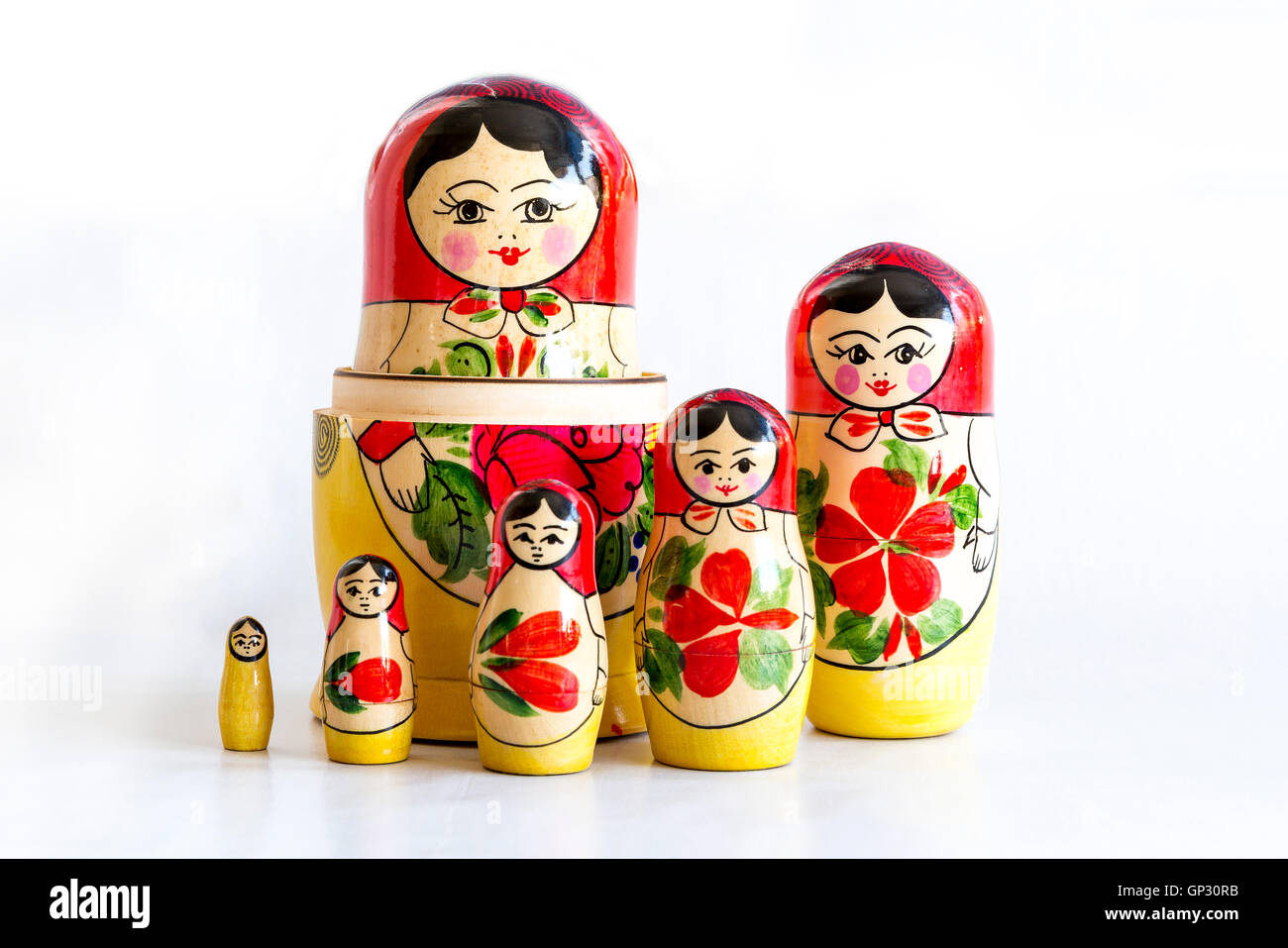 Traditional Russian matryoshka dolls isolated on a white background. Stock Photo
