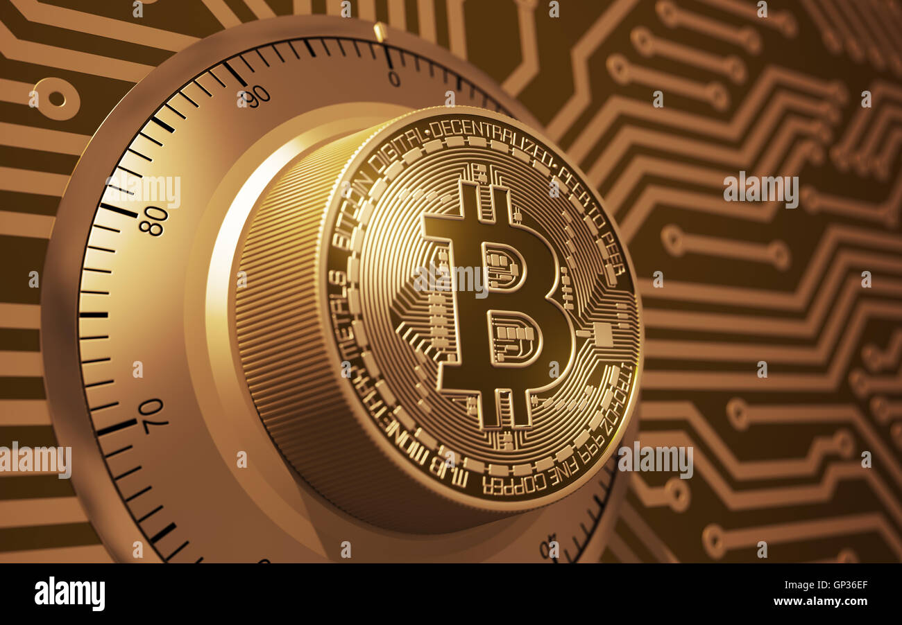 Concept Of Gold Bitcoin Like A Electronic Security Lock Stock Photo