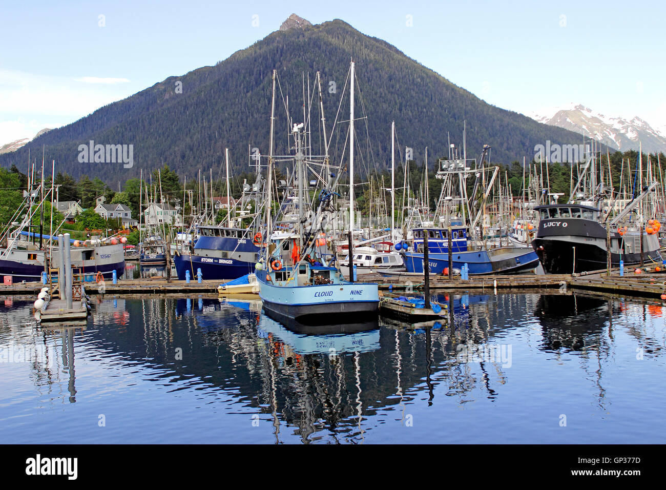 Fishing fleet Crescent Harbor marina mountains Sitka Alaska Inside