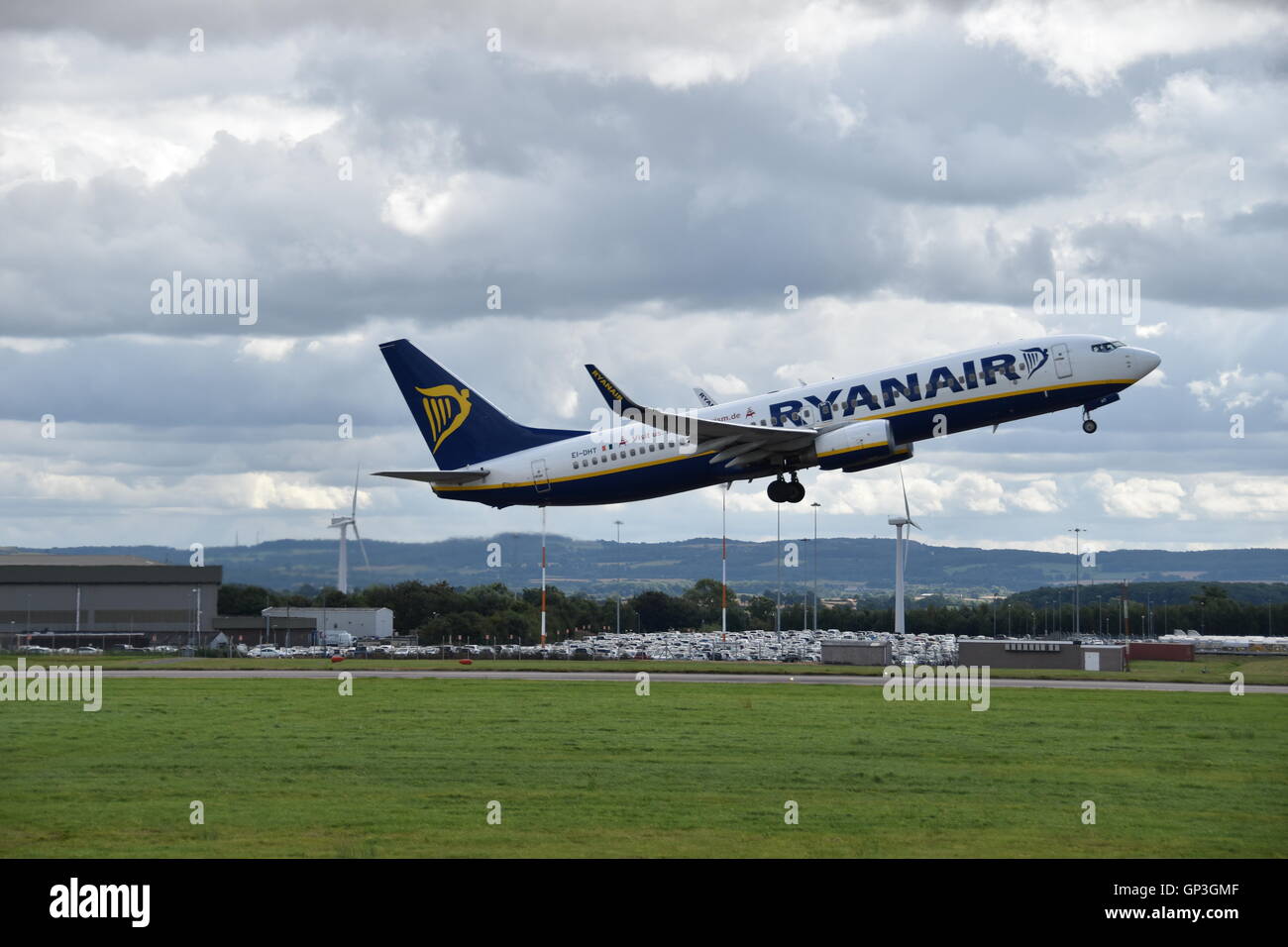 Ryan Air Flight taking off from East Midlands Stock Photo