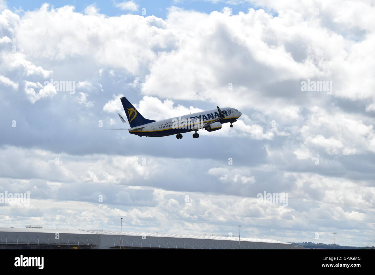 Rynair flight taking off from East Midlands Airport. Stock Photo