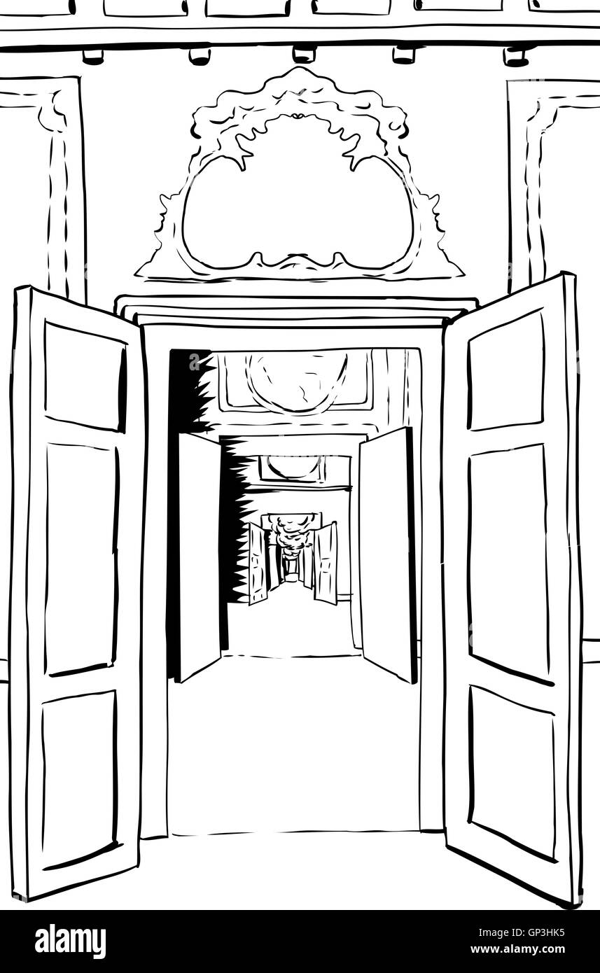 Outline illustration of one point perspective view between multiple doorways through halls in Stockholm palace Stock Photo