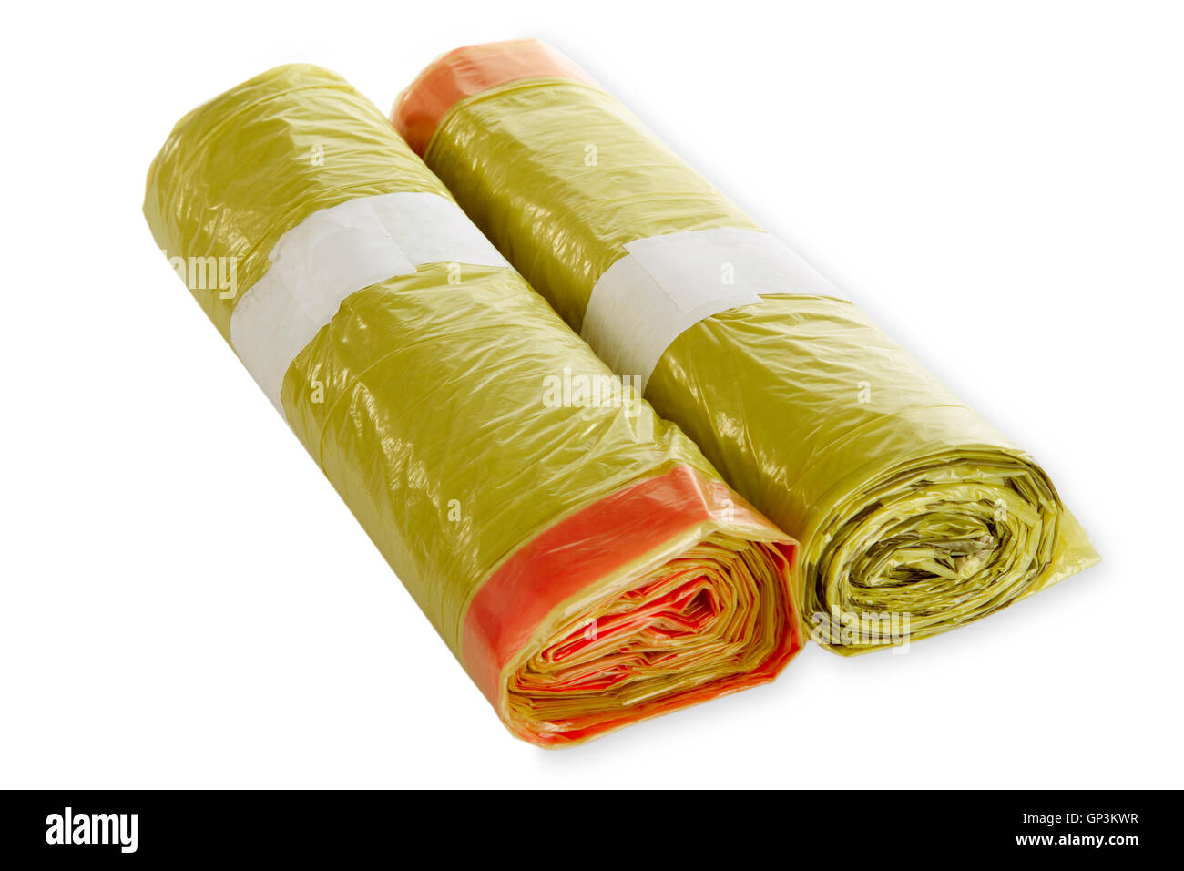 Rolls Of Yellow Trash Bags On White Background Stock Photo