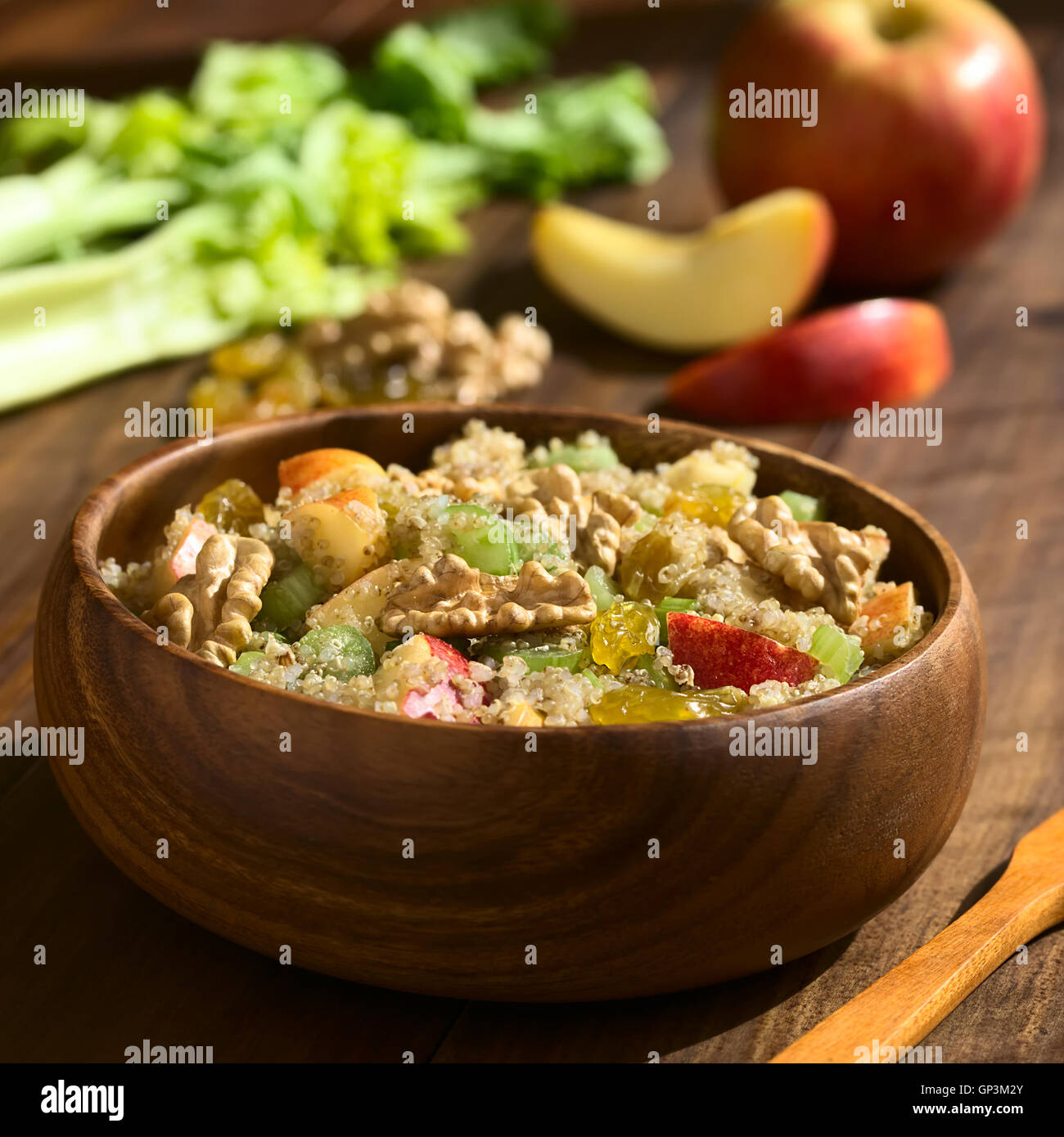 Quinoa Waldorf Salad with apple, celery, yellow raisins and walnut