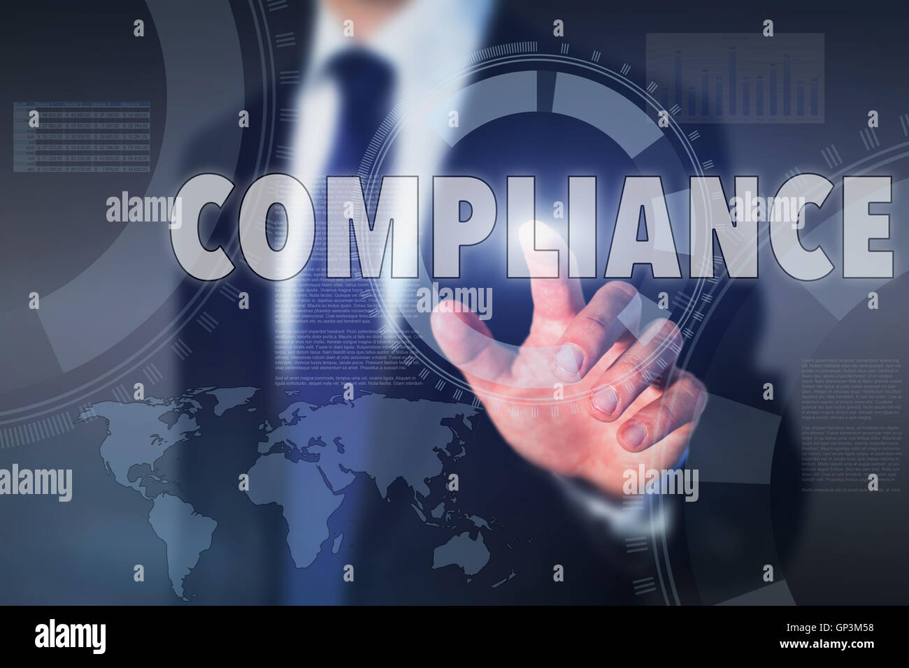 compliance concept, business man with touch screen, international regulations Stock Photo