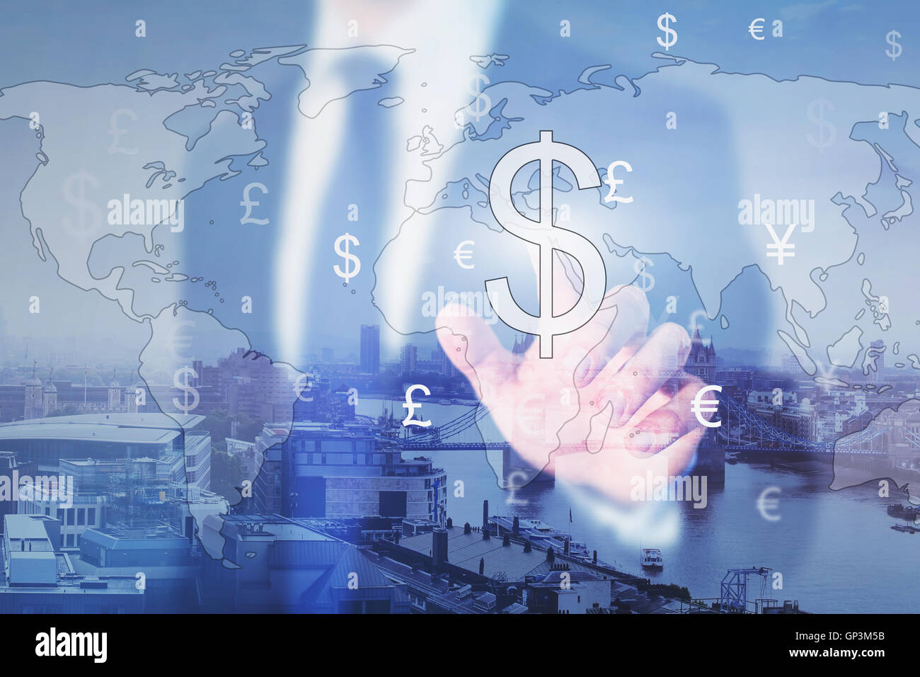 trading, businessman and currency exchange, double exposure Stock Photo