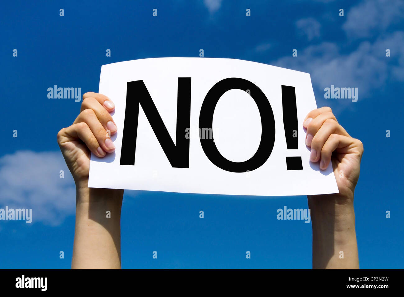 no, rejection sign, hands holding paper with text Stock Photo