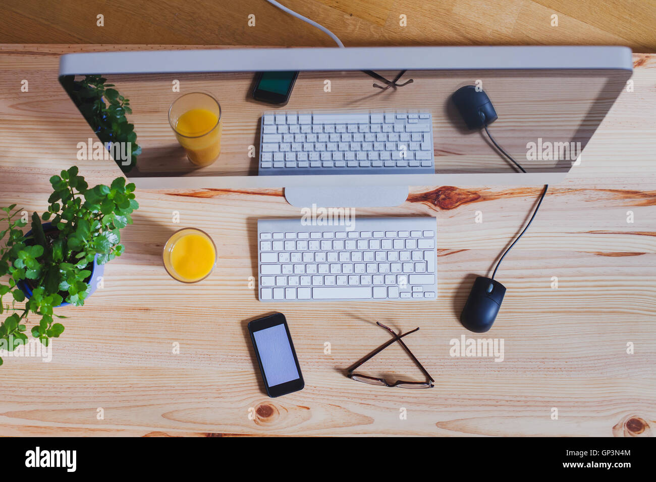 modern office workplace, top view of computer, high angle of table Stock Photo