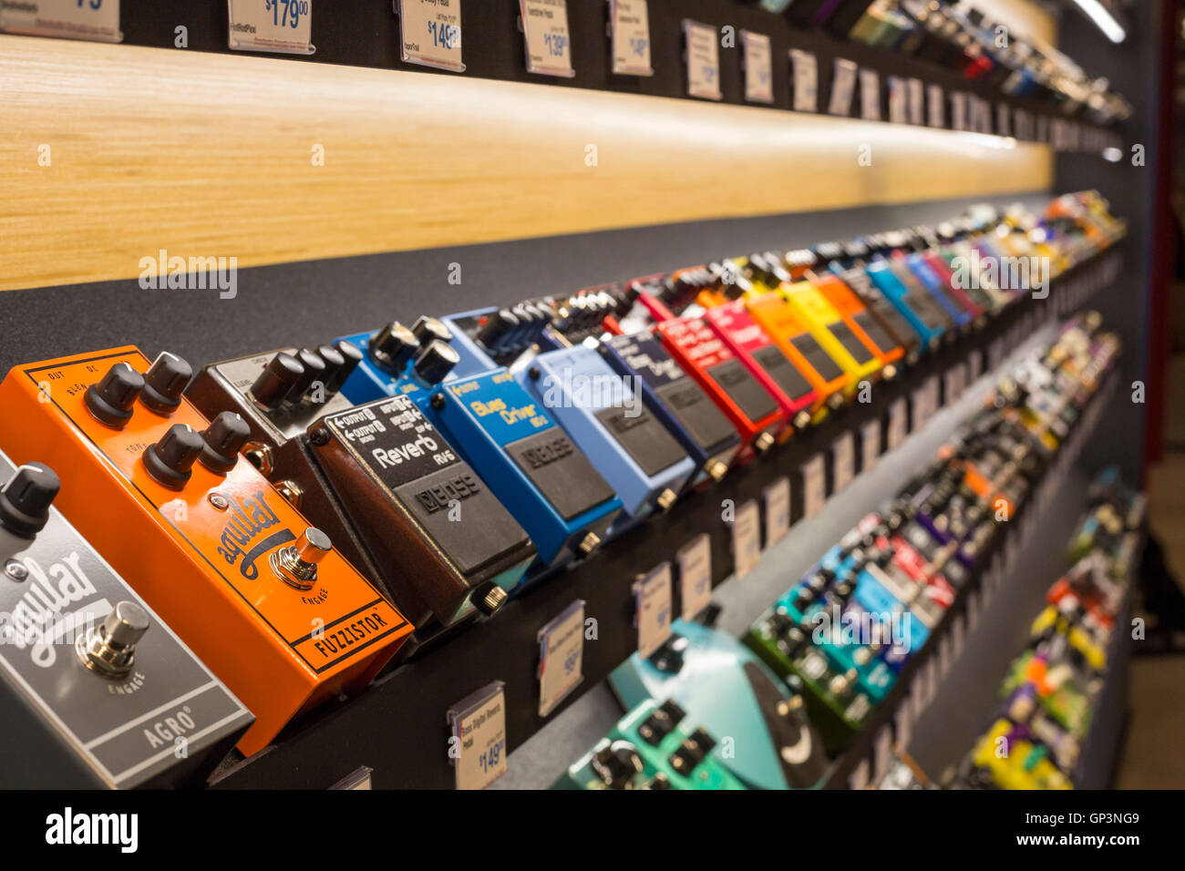 Fort Wayne, Indiana - Effects pedals for electronic musical instruments on sale at the Sweetwater Music store. Stock Photo