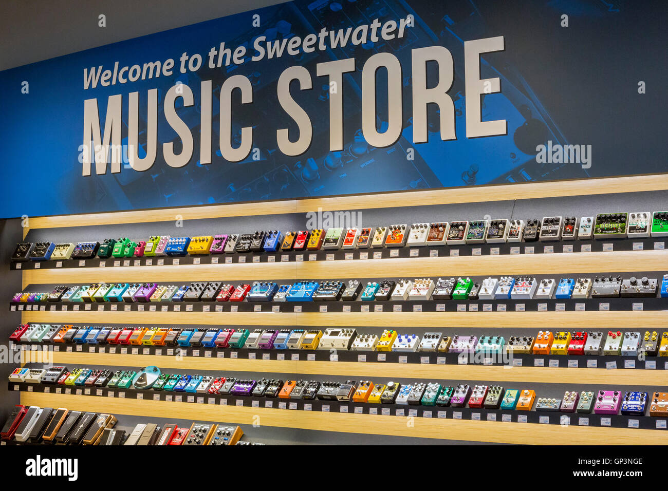 Fort Wayne, Indiana - Effects pedals for electronic musical instruments on sale at the Sweetwater Music store. Stock Photo