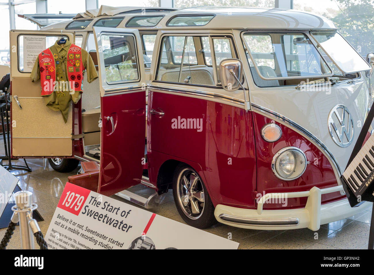 Fort Wayne, Indiana - A display at the Sweetwater Music Instruments store shows the VW microbus that began as a recording studio Stock Photo