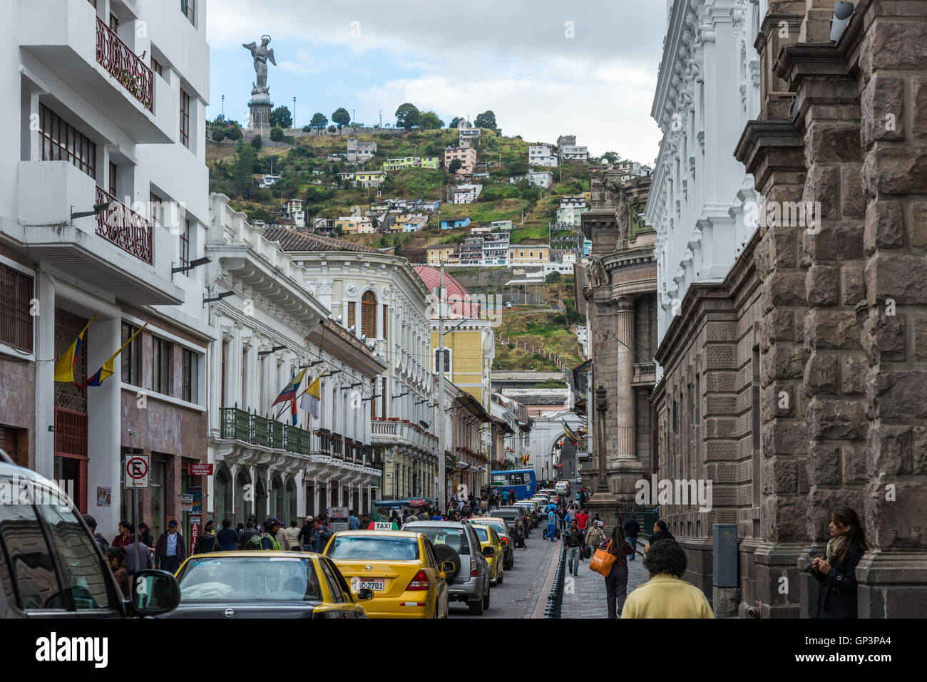 Statue of Virgin Mary overlook old city Quito, Ecuador. Stock Photo