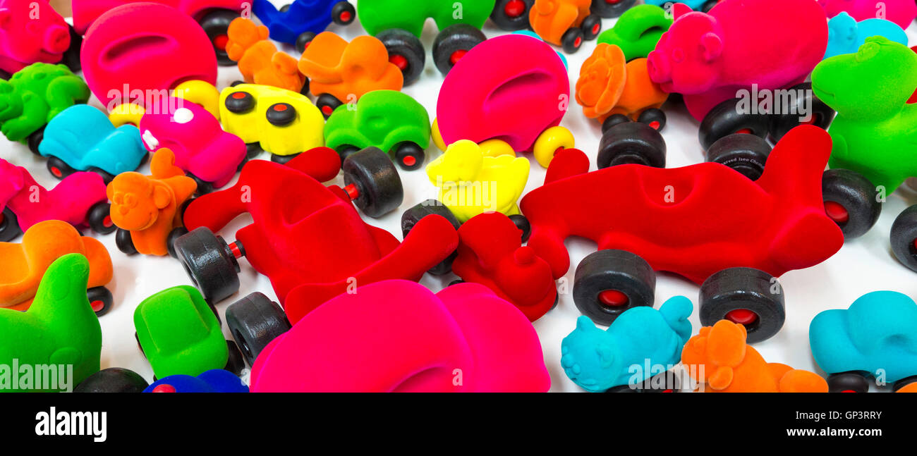 Cars in bright color as Rubbabu children's felt toys and souvenirs in shop, Arken Museum of Modern Art Denmark Stock Photo