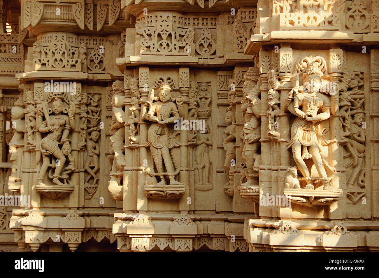 Fabulous marble stone carvings on the wall of a Jain Temple at Jaisalmer Fort in Jaisalmer, Rajasthan, India, Asia Stock Photo