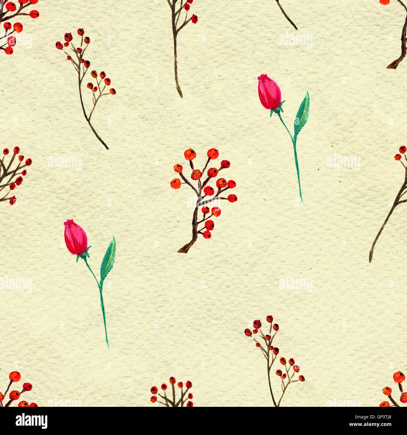 Seamless pattern with flowers and berries Stock Photo - Alamy