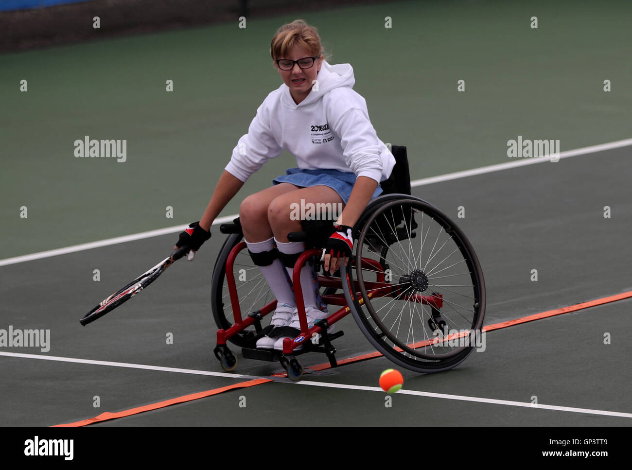 England North's Abbie Breakwell in action during the girls singles wheelchair tennis on day two of the 2016 School Games at Loughborough University, Loughborough. Stock Photo