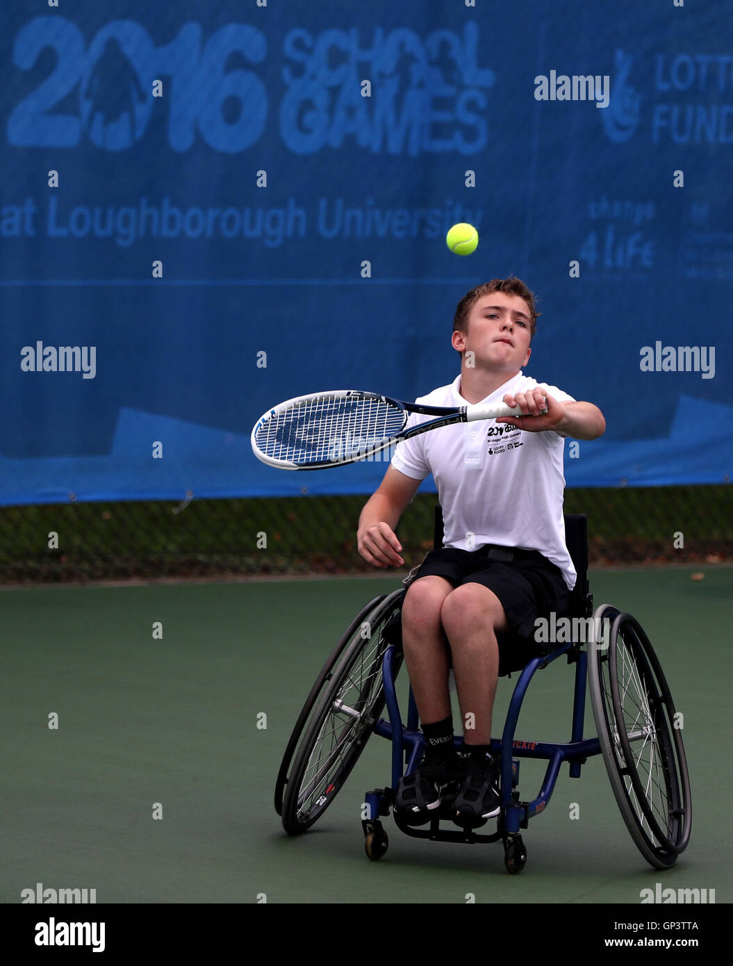England South's Lewis Evans in action during the boys singles wheelchair tennis on day two of the 2016 School Games at Loughborough University, Loughborough. Stock Photo