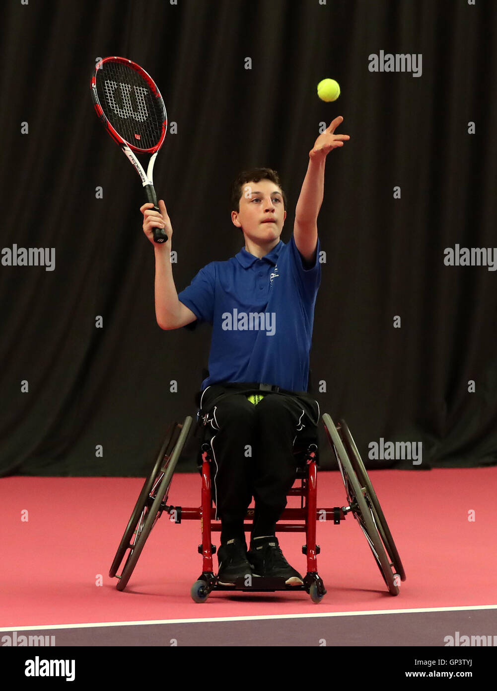Scotland's Leo MacLeod in action during the boys singles wheelchair tennis on day two of the 2016 School Games at Loughborough University, Loughborough. Stock Photo