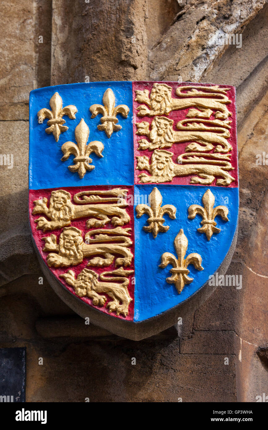 The Royal Standard, or Coat of Arms on the exterior of All Souls College - one of the colleges of the University of Oxford, UK. Stock Photo