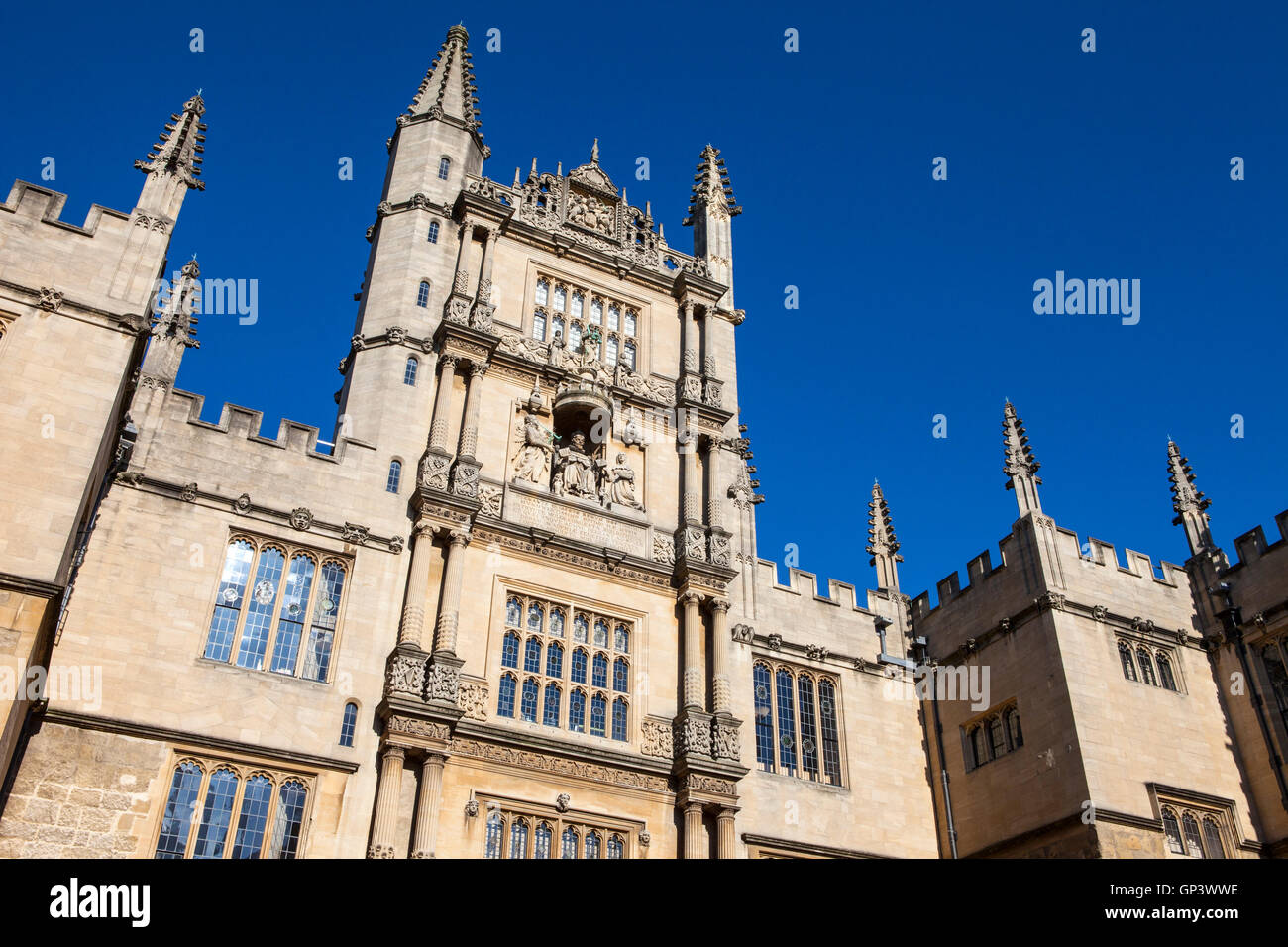 The Tower of the Five Orders housing the Bodleian Library in Oxford, England.  It is one of the oldest libraries in Europe. Stock Photo