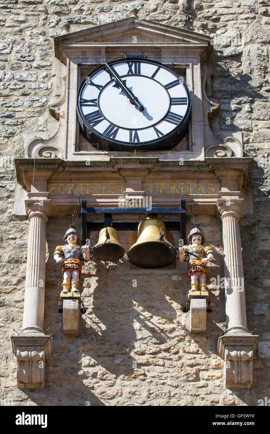 The clock and chiming quarter boys of St. Martins Tower, popularly known as Carfax Tower in Oxford, England. Stock Photo