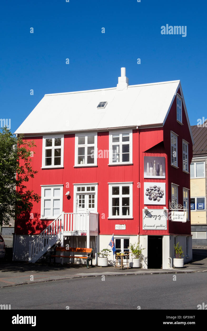 Kogga ceramics gallery and studio in traditional red wooden building. Vesturgata, Reykjavik, Iceland Stock Photo