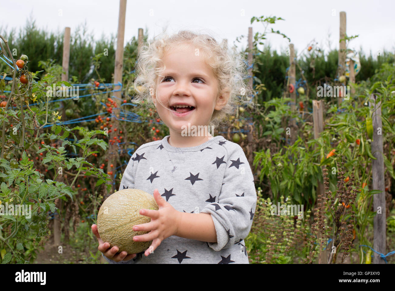 Little girl with cantaloupe in garden Stock Photo