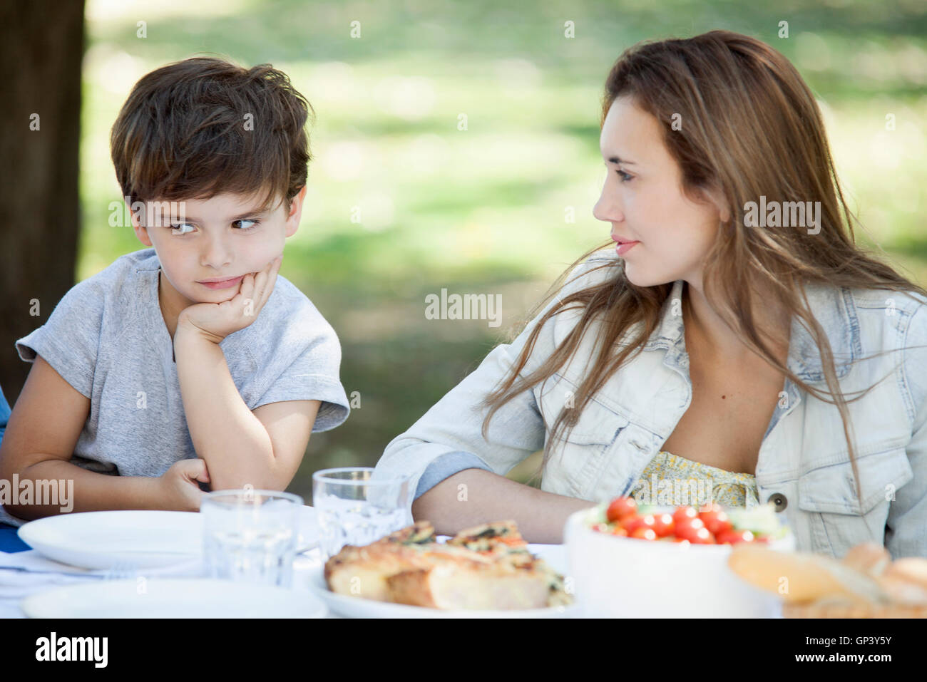 Mother disciplining disobedient child Stock Photo