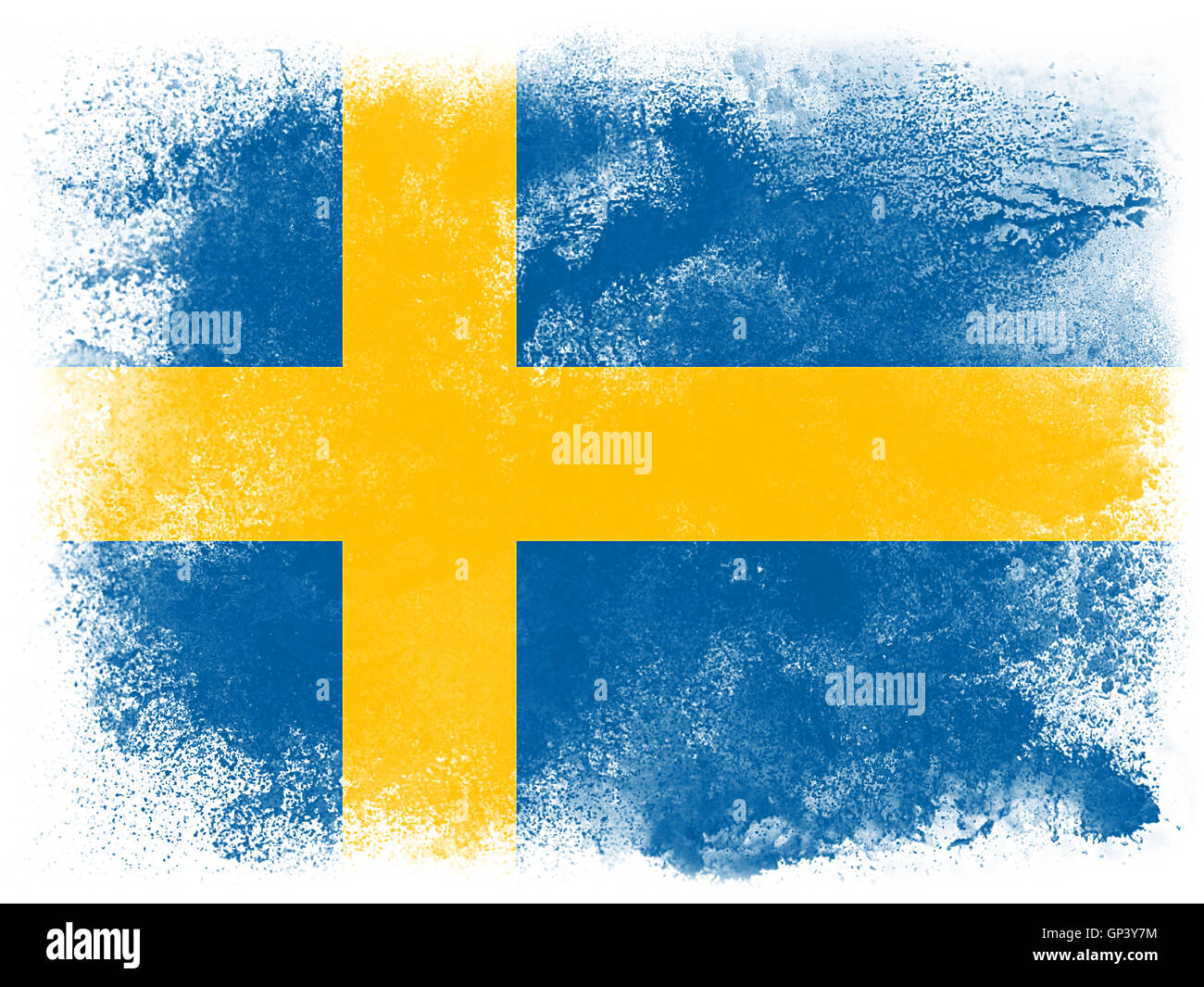 Powder paint exploding in colors of Sweden flag isolated on white background. Abstract particles explosion of colorful dust. Stock Photo