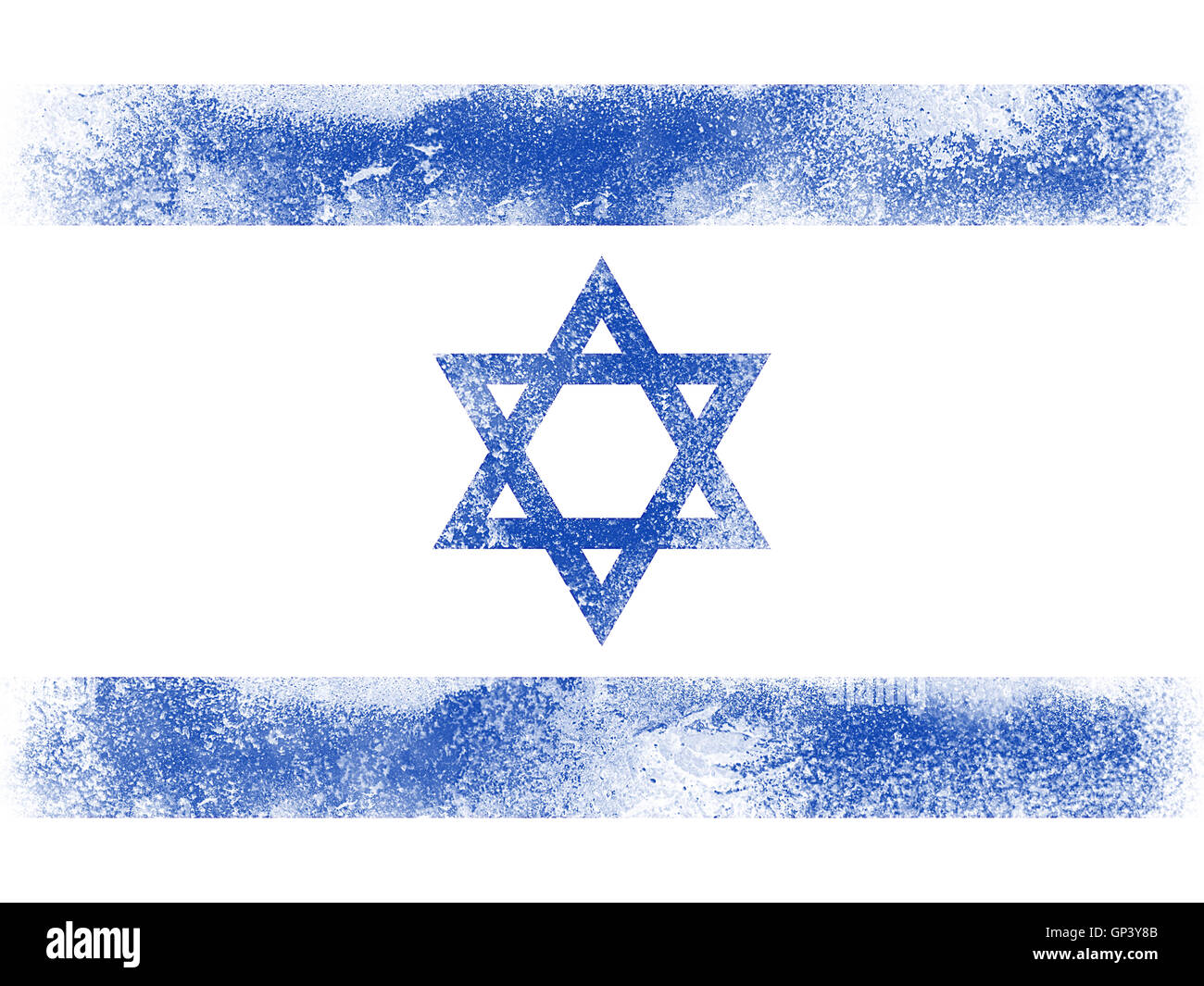 Powder paint exploding in colors of Israel flag isolated on white background. Abstract particles explosion of colorful dust. Stock Photo