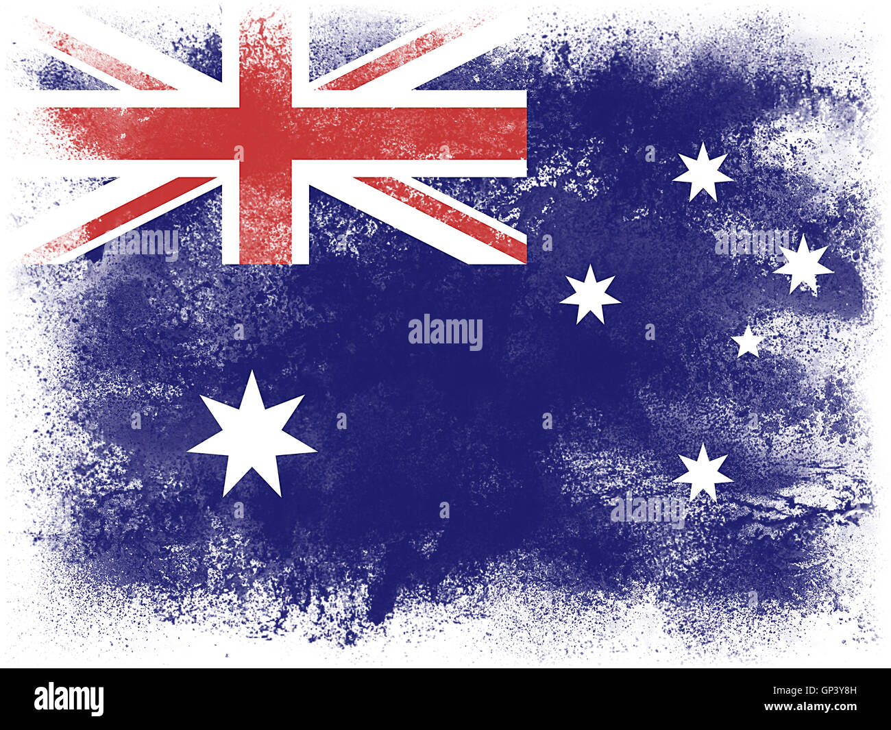 Powder paint exploding in colors of Australia flag isolated on white background. Abstract particles explosion of colorful dust. Stock Photo