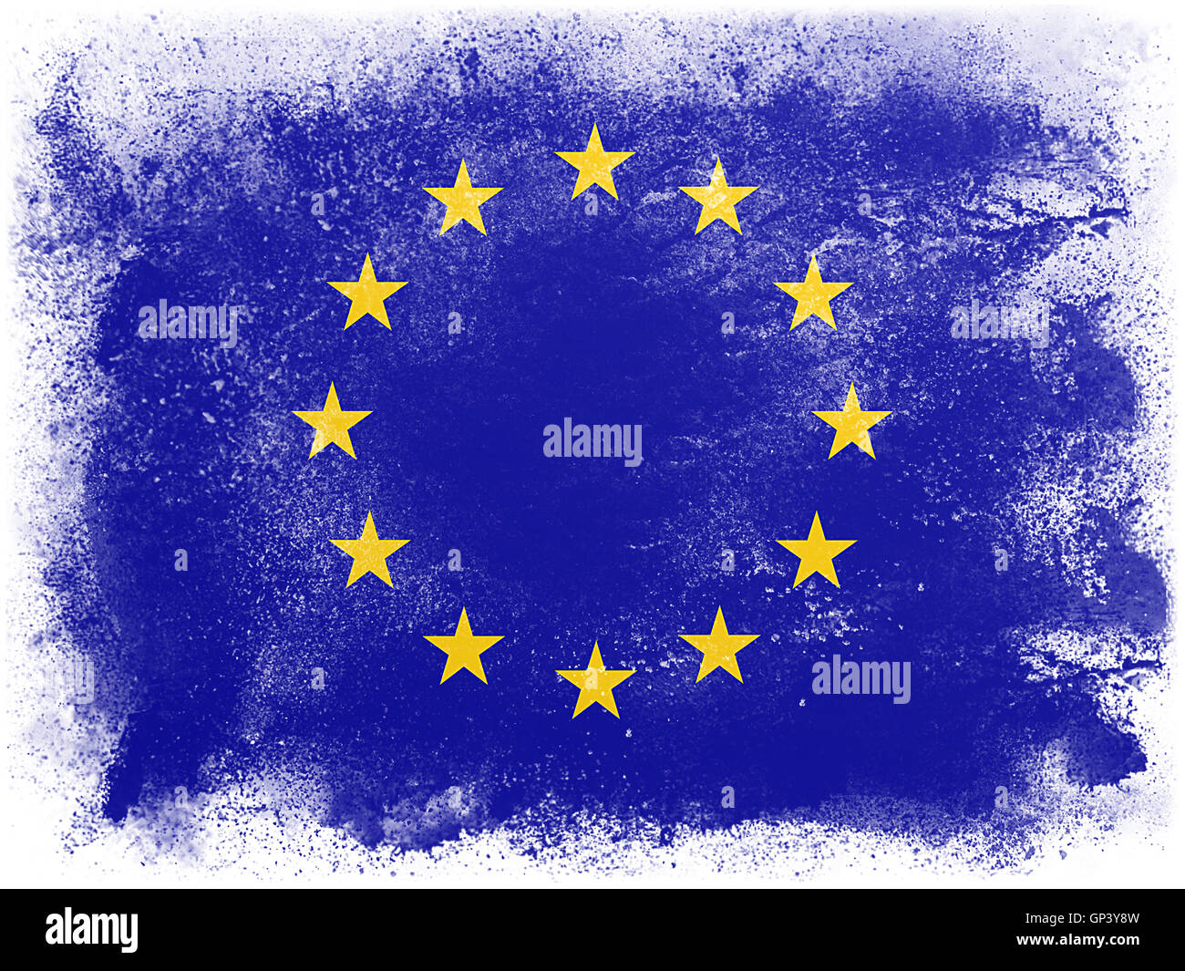Powder paint exploding in colors of European Community flag isolated on white background. Abstract particles explosion of colorf Stock Photo