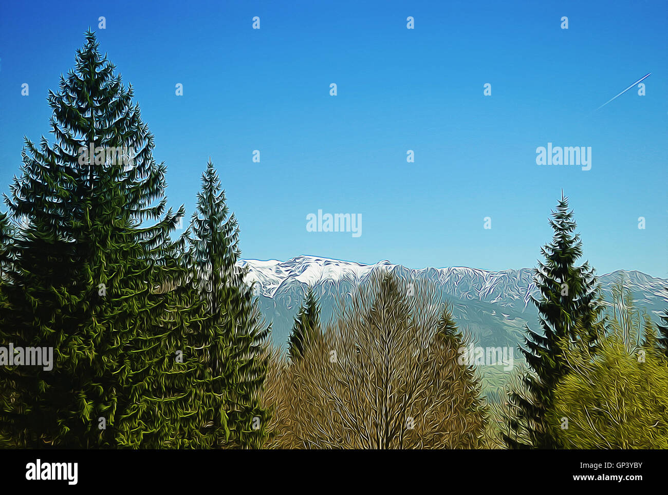 Illustration of beautiful mountains landscape and blue sky. Spring trip Stock Photo