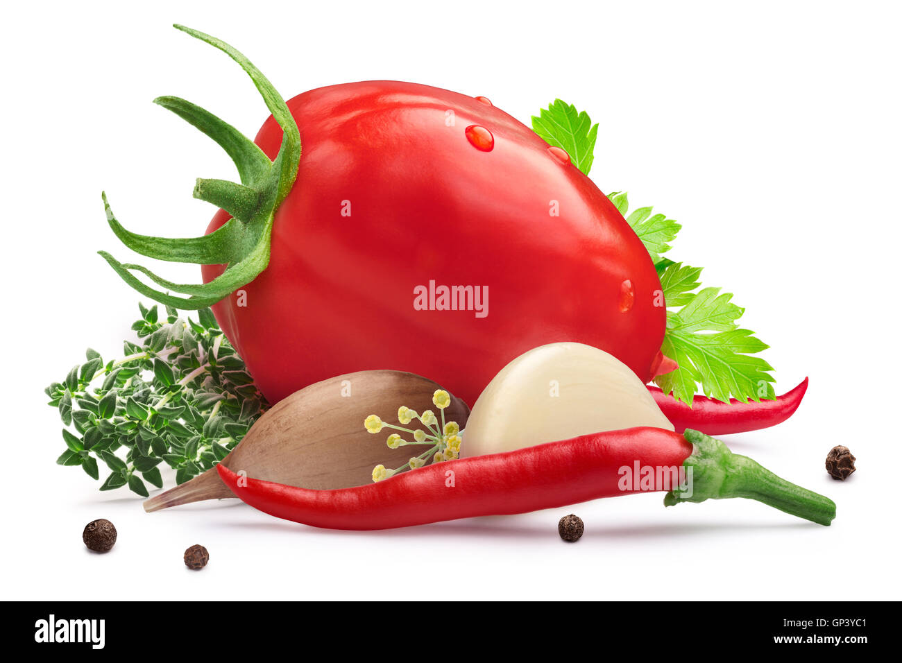 Fresh tomato for pickling with herbs, chili peppers and garlic. Clipping path, shadow separated. Design elements Stock Photo