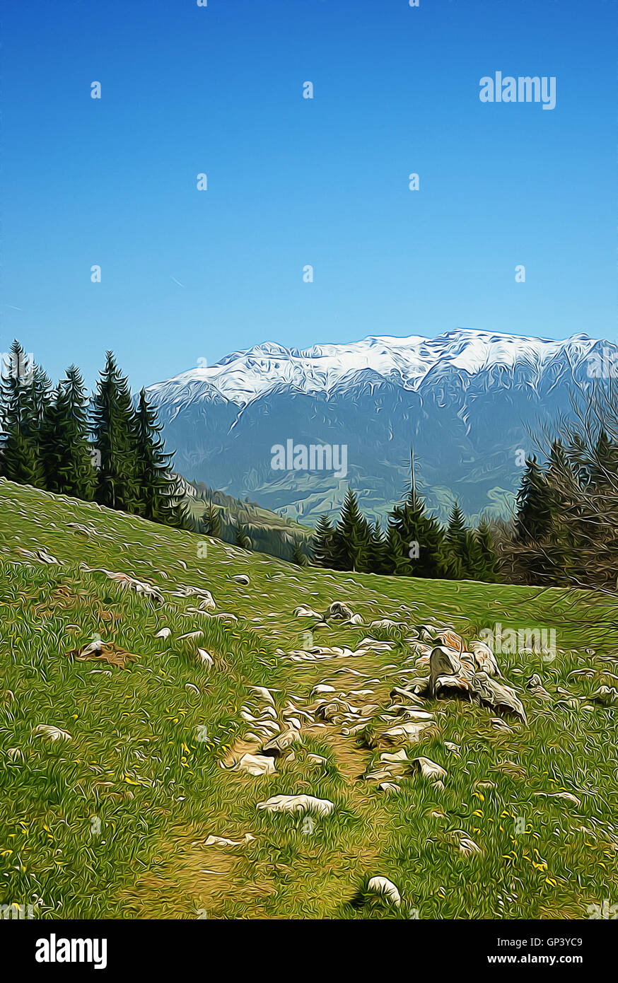 Illustration of mounts in a sunny spring day with a clear blue sky Stock Photo