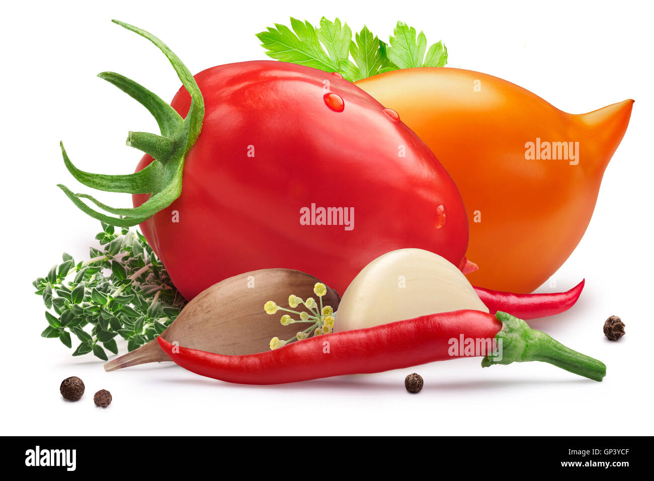 Fresh red and yellow tomatoes for pickling with herbs, chili peppers and garlic. Clipping path, shadow separated. Design element Stock Photo