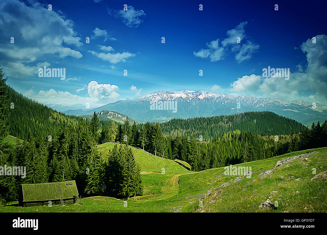 Illustration of spring mountain valley with a lone house in the middle of a fir forest. Sunny day, green meadow and white mounta Stock Photo