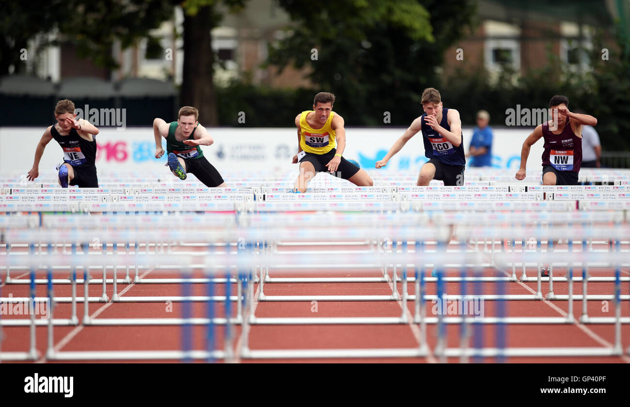Action from the boys 100m hurdles during the Athletics on day two of ...