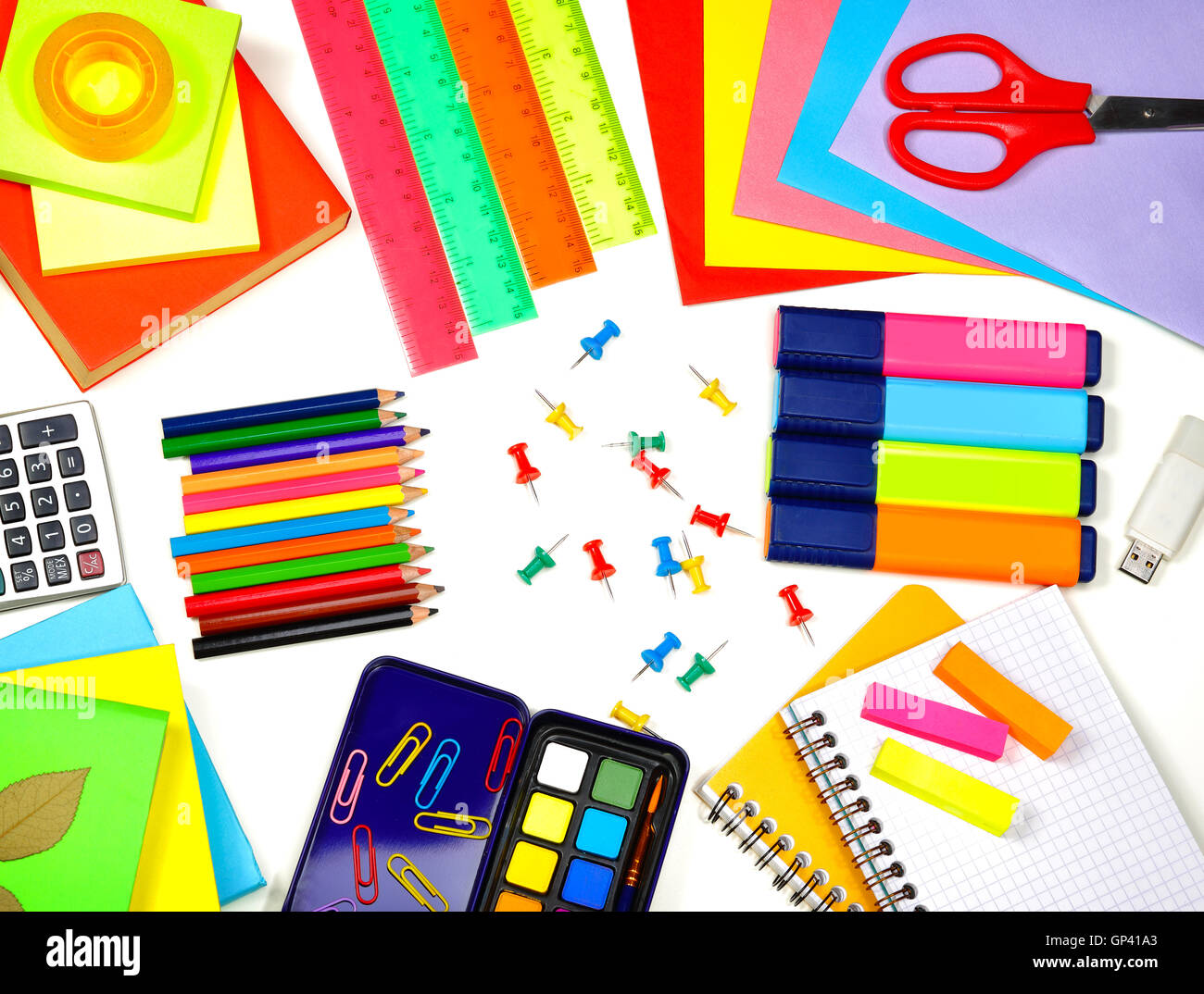 Different school supplies, colorful background, necessary accessories for study, back to school concept Stock Photo