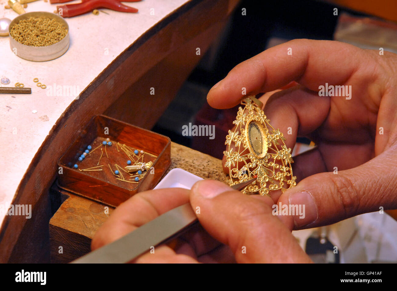 craft of gold filigree, Bosa, Province of Oristano, Sardinia, Italy Stock Photo
