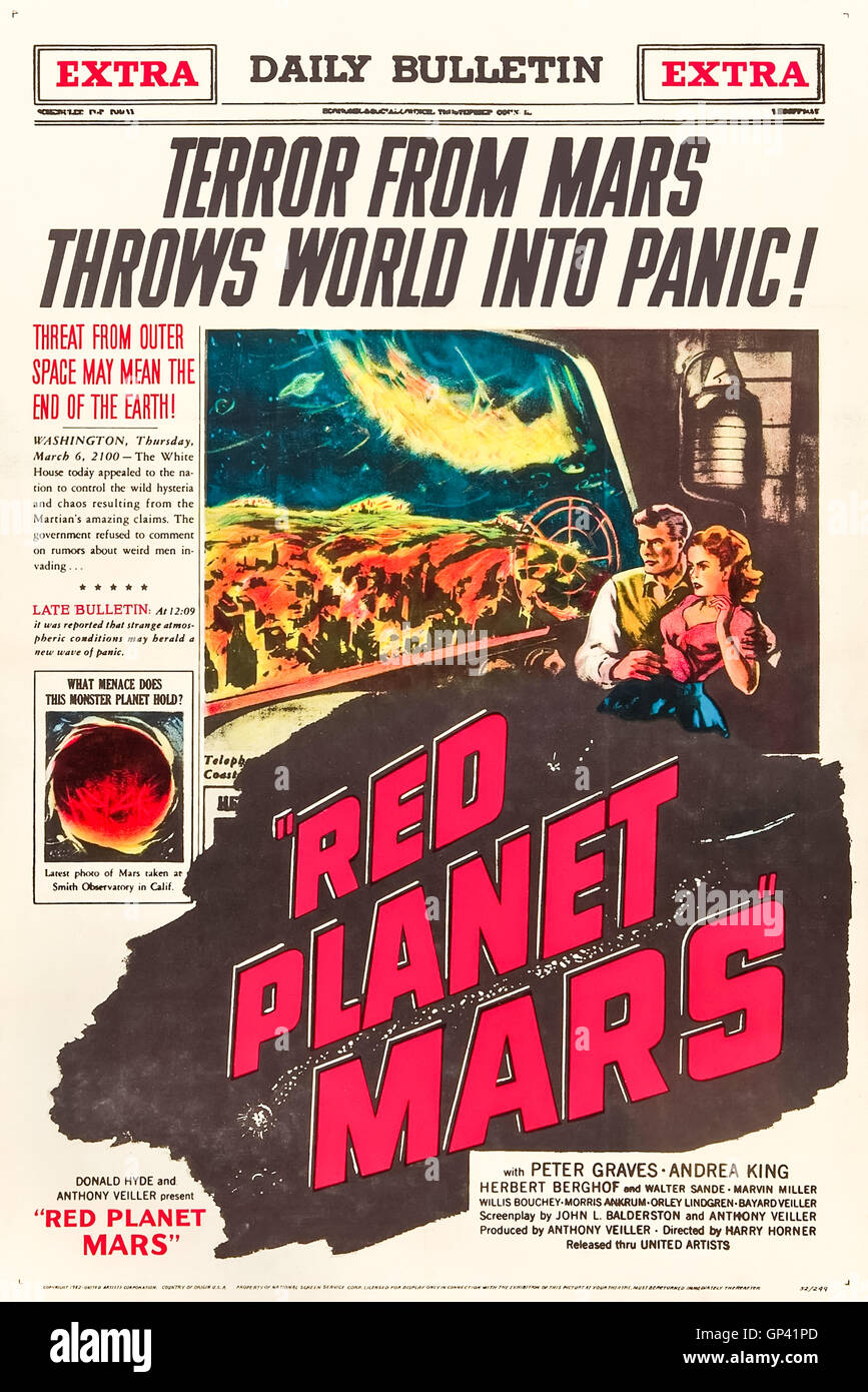 Red Planet Mars (1952) directed by Harry Horner and starring Peter Graves, Andrea King and Herbert Berghof. A radio message from Mars declares Earth can be saved if the people return to the worship of God. Stock Photo